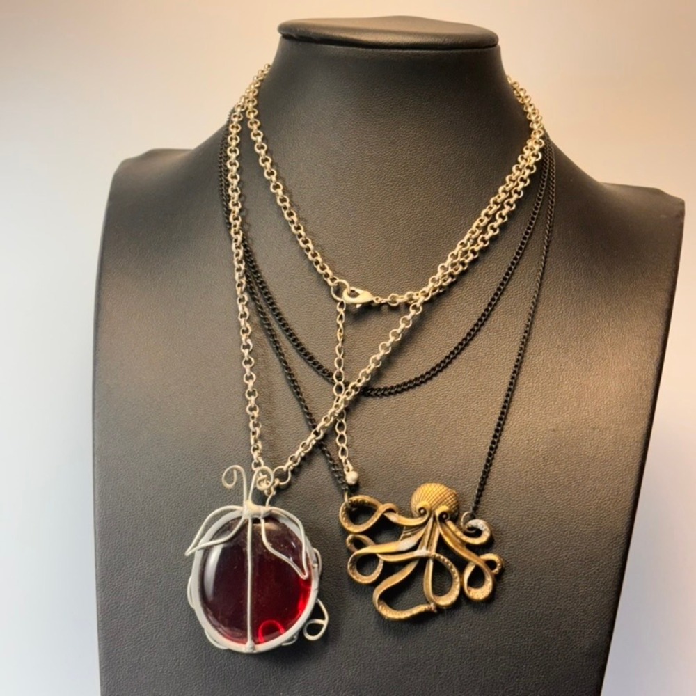 Vintage Octopus & Red Glass Pendant Necklace Set Bronze Silver Whimsygoth Boho